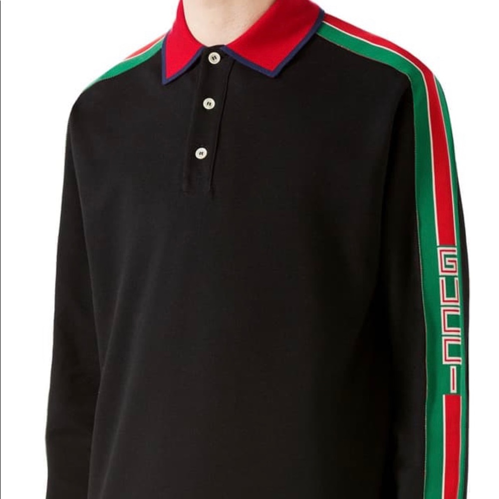 Gucci Black Long-Sleeve Polo with Red and Green Stripe Sleeves